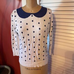 FRENCHI | navy blue & white polka dot faux collar sweater L